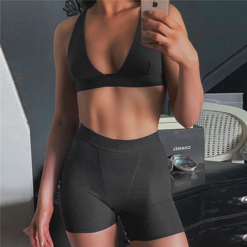 2PCS/Set Sexy Women Sleeveless Strap Bra Bustiers Tank Vest Crop Tops High Waist Shorts Pants Trousers Tracksuit Summer 2021