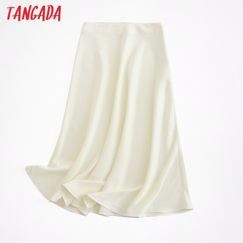 Tangada women solid quality satin midi skirt vintage side zipper office ladies elegant chic A-line skirts 6D18