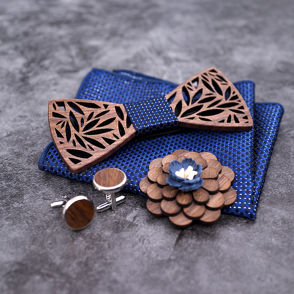Men's Wooden Bow Tie, Handkerchief, Cufflinks and Brooch Set