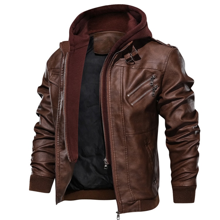 Men's Leather Jacket with Hood