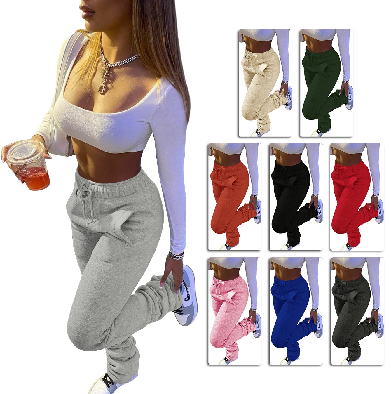 Casual Solid Stacked Sweatpants Women Casual Elastic Waist Jogger Trousers Autumn Winter Thick Warm Ruched Legging 7 Color 3XL