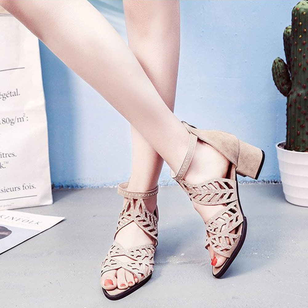 2020 New Style Women Summer Hollow Out Faux Leather Rhinestones Thick Heel Zipper Sandals Shoes Eur