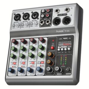 Aveek Professional Audio Mixer, Sound Board Mixing Console With 5 Channel Digital USB BT Echo Delay Effect, Input 48V Phantom Power Stereo DJ Mixers For Recording, Live Streaming, Podcasting