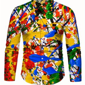 Men'S Vibrant Abstract Print Long Sleeve Shirt - Casual Button-Up with Lapel Collar, Regular Fit All-Season Versatile Wear, Nonstretch Fabric, Allseason Apparel | Vibrant Abstract Shirt | Nonstretch Fabric, Chinese Size, Please Check The Size Guide Carefully