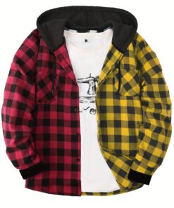 Men's Plaid Hooded Jacket & Button-Front Sweater-like Shirt - Casual Long Sleeve Checkered Coat with Collar, Red/Yellow/Black Tartan Pattern, Hand Washable for Fall Winter Warmth (No Belt)
