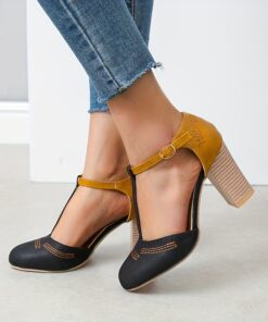 Women's Retro High Heels, Color Block T-strap Round Toe Block Heels, Casual & Versatile Oktoberfest Dress Shoes