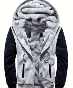 Men's Warm Fleece Hooded Jacket, Casual Color Block Jacket Coat For Fall Winter