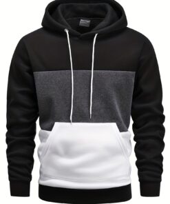 Men's Color Block Hoodie - Casual Pullover with Kangaroo Pocket, Long Sleeve, Machine Washable