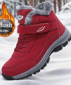 Women'S Snow Boots-Gray/Red/Black, PU Cover Upper With Fleece Lining, Non-Slip Rubber Sole, Lace-Up Design For Outdoor Winter Footwear, Winter Boots faux fur Lined Warm Ankle Boot Winter Outdoor Sports Walking Travel Casual Shoes