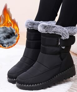 Women's 2025 Winter Warm Snow Boots - Thickened Mid-Calf Round Toe with Buckle Strap, Slip-On/Skid-Resistant PVC Sole & Soft - Black & Grey All-Terrain Traction for Ice, Snow, Slush - Casual & Commuting