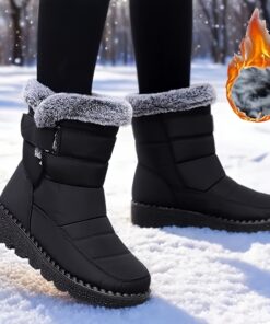 Women's High Quality Fleece-Lined Winter Snow Boots - Heavy-Duty Anti-Slip Rubber Sole, Double Zipper & Hook-and-Loop Closure, Lace-Free Design with Faux Cover-like Texture, PVC Arch - All-Terrain Hiking, Skiing & Daily Boots (Black) - Lightweight & Warm, Solid Color, Slip-Resistant, Easy On/Off, Durable & Comfortable for Cold Weather (Ideal for Ice & Snow) - Boots for Women, Wide Width Boots for Women, Fluffy Boots, Chunky Boots for Women,