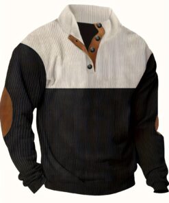 Men's Casual Color Block Button-Front Half-Zip Stand Collar Pullover Sweater - Loose Fit Machine Washable Spring/Fall Outdoor Coat