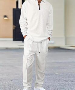 Men's 2pcs Solid Color Plaid Casual Suit with Long Sleeve Collared Shirt and Drawstring Pants, Stylish Comfortable Outfit for Daily Leisure Wear, Suitable for Spring/Autumn Men's Clothing