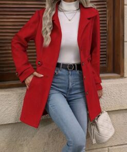 Women'S Elegant Slim-Fit Mid-Length Coat - Lapel Collar Button Front Closure, Vibrant Red Winter Warm Coat with Belt, Structured Tailored Design for Casual & Formal Outfits, Versatile Outerwear for Fall and Winter Seasons, Elegant Coat for Women