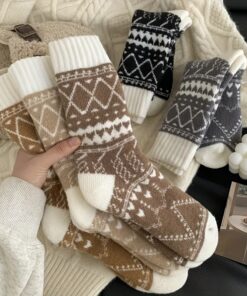5-Pack Women's Thermal Winter Socks - Ethnic Rhombus & Cable--Like Pattern Mid-Calf Warm Socks, Soft Cozy Multi-Color (Beige/Brown/White/Gray/Black) for Outdoor Cold Weather,, Skiing, Snow - Machine Washable