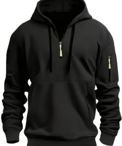Men's Autumn Winter Zip-Up Hoodie - Black Outdoor Casual Pullover with Front Zipper, Ribbed Cuffs & Hem, Machine Washable Regular Fit Sweatshirt, Autumn Winter Apparel | Minimalist Hoodie | Functional Pockets, Sweater Hoodie