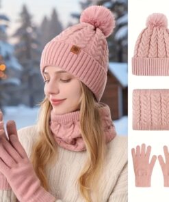 3pcs Women'S Winter Warm Set - Thickened Hat, Scarf & Gloves | Soft Pink Cozy Outfit for Skiing, Outdoor Activities & Daily Use | Cold & Frost Protection | Christmas Gift for Her | No Batteries/Electricity Needed | Durable & Portable Winter