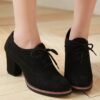 Women's Solid Color Elegant Pumps, Chunky Heel Lace-Up Shoes, Round Toe Daily Footwear