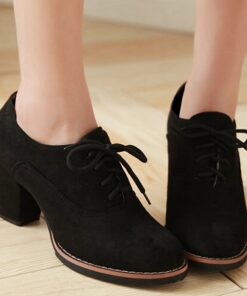 Women's Solid Color Elegant Pumps, Chunky Heel Lace-Up Shoes, Round Toe Daily Footwear