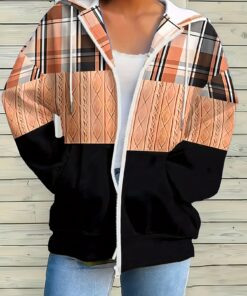 UUE Women's Color-Block Plaid Print Zip-Up Hoodie- Full-Zip Front, All-Season Casual Sweatshirt for Fall/Winter, Trendy Outerwear