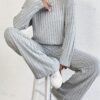 Autumn And Winter Casual Suit: Two-piece Set Including A Fuzzy Ribbed Turtleneck Solid Color Long-sleeve Top + Comfortable Straight Loose-fit Pants