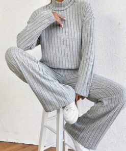 Autumn And Winter Casual Suit: Two-piece Set Including A Fuzzy Ribbed Turtleneck Solid Color Long-sleeve Top + Comfortable Straight Loose-fit Pants