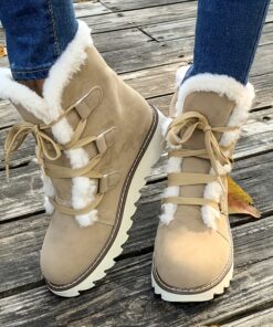 Women'S Winter Ankle Boots - Cozy Fleece-Lined Round Toe Lace-Up Boots With Thick Sole, Black & Gray Plush Design, Casual Style For Cold Weather, Winter Boots, Shoe For Women, Women Autumn Boots, Boots Women Winter, Bootie Woman