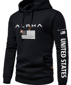 ALPHA Men's Patriotic American Flag & Lettering Print Hoodie - Sexy Slim Fit Waffle Knit Texture, Machine Washable Casual Pullover for Spring/Fall, Spring Fall Apparel