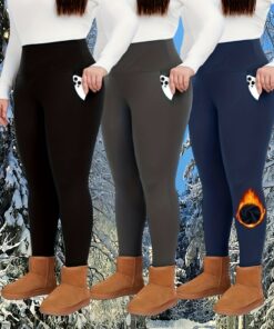 3 Pack Plus Size Fleece Lined Leggings With Pockets | High Waist Thermal Workout Winter Warm Yoga Pants, Solid Color, Medium Stretch