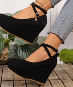 Women's Elegant Black Cover High-Heel Platform Pumps with Adjustable Ankle Strap & Buckle - Thick Wedge Heel, Round Toe, All-Season Versatile Dress Shoes for Casual & Formal Occasions, High Heel Shoes, Durable Tpr Sole