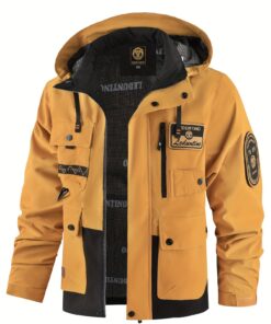 Men's Spring Autumn New Hooded Thin Jacket Men's Outdoor Warm Storm Jacket Men's Casual Multi-Pocket Cargo Jacket Men's Hat Detachable Zipper Jacket Men's Color Insertion Jacket