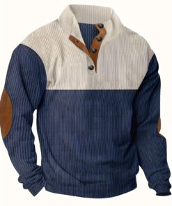 Men's Contrast Color Long Sleeve And Stand Collar Henley Shirt With Patchwork Pieces, Chic And Trendy Tops For Spring And Autumn Outdoors Leisurewear