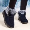 Women's Winter Warm -Lined Snow Boots with Plush Collar - Slip-On Ankle/Calf Faux Upper, Round Toe & PVC Sole - Plus Size Black/Blue Traction Shoes for Ice & Snow () - Cozy Cold Weather Footwear
