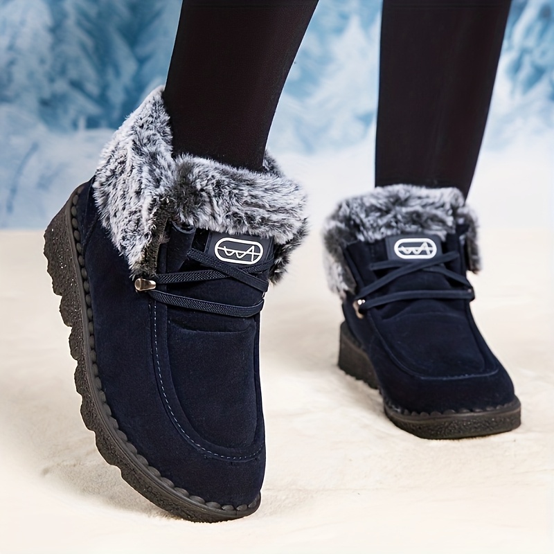 Women's Winter Warm -Lined Snow Boots with Plush Collar - Slip-On Ankle/Calf Faux Upper, Round Toe & PVC Sole - Plus Size Black/Blue Traction Shoes for Ice & Snow () - Cozy Cold Weather Footwear