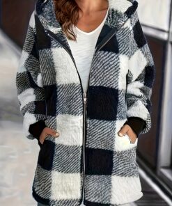 Women'S Thermal Hooded Jacket - Black/White/Gray Plaid Coat, Full-Zip Front Closure & Side Pockets - Warm Outerwear for Fall/Winter, Gym, Commute, Everyday - Cozy Women'S Outerwear, Winter Layering, Stylish Hoodie, Plush Fabric, Zipup Hoodie, Fitness Enthusiasts