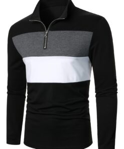 Men's Half-Zip Color-Block Stand Collar T-Shirt - Spring/Fall Casual Long Sleeve Zippered Blending Layer Shirt, Regular Fit for under Jackets & Sweaters, Machine Washable (No Belt Required)