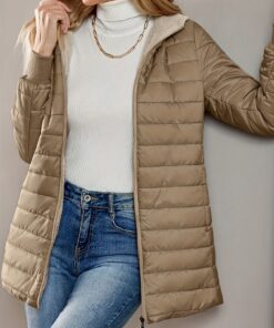 Women'S Full-Zip Hooded Jacket with Full-Zip Front Closure, Full-Length Zipper & Hooded Collar - Heavy-Duty Warm Insulation, Casual Winter Outerwear Coat for Fall & Winter, Beige/Tan/Black/Navy/Gray - Versatile Everyday & Formal Outerwear, Long Sleeve Non-Stretch Fabric, Solid Color Design, Zippered Pockets, Relaxed Fit, Minimalist Style for Layering, Ideal for Cold Weather, Durable & Easy Care, Suitable for Outdoor Activities, Jacket for Women, Winter Coats for Women, Women Winter