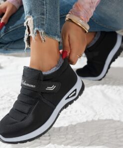 Women's Winter Snow Boots with Faux Fur Collar & Non-Slip Rubber Soles - Ice-Proof Traction, Heat-Retaining Warmth, Low-Heel Square Toe (Magic Tape Closure) - All-Black for Driveways, Icy Sidewalks, Daily & Formal Use - Heavy-Duty