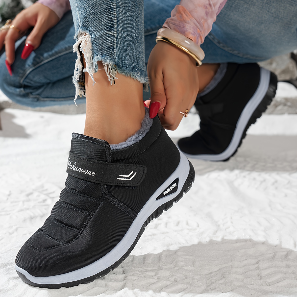 Women's Winter Snow Boots with Faux Fur Collar & Non-Slip Rubber Soles - Ice-Proof Traction, Heat-Retaining Warmth, Low-Heel Square Toe (Magic Tape Closure) - All-Black for Driveways, Icy Sidewalks, Daily & Formal Use - Heavy-Duty