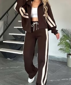 Y2K Zipper Striped Top Coat, Drawstring Straight-leg Pants, Casual Sporty Set for Women, Comfortable And Fashionable Design, Suitable for Daily Wear, Jackets For Women, Jacket And Pants Set For Women