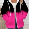 Women'S Plus Size 3D Digital Print Hooded Jacket - Oversized V-Neck Zip-Up Sweatshirt with Pink & Black Color Block, Loose Fit Long Sleeve Winter Coat