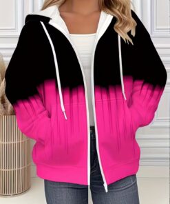 Women'S Plus Size 3D Digital Print Hooded Jacket - Oversized V-Neck Zip-Up Sweatshirt with Pink & Black Color Block, Loose Fit Long Sleeve Winter Coat