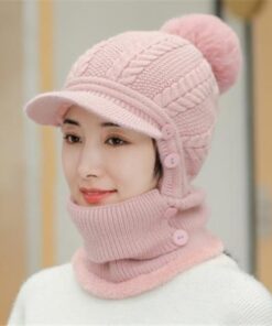 Women'S Thickened Fleece-Lined Winter Hat with Face Cover - Windproof & Warm All-in-One Hooded Scarf, Soft Pink &, Perfect for Cycling, Skiing