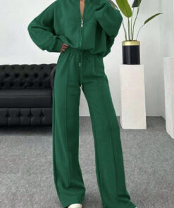 Women's 2pcs Winter Suit: Dark Green Stand Collar Zipper Jacket & Wide-Leg Pants - Elegant Casual Outfits for Fall/Winter, Matching Matching for Casual Attire, Semi-Formal & Home (Hand Washable) | 2pcs Collection