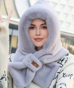 Three color optional Women's winter warm scarf and hat in one, new autumn and winter with thick plush hat, windproof and cold proof hat and neck protection in one, cross neck hat easy to wear, soft and Light Beige friendly fluffy plush, soft and