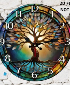 1pc Large 9.84 Inch Tree of Life Wall Clock - Silent Non-Ticking Quartz Movement, Stained-Glass Style Multicolor Leaf Design in Green, Blue, Golden, Brown & Black - Wood/Plastic/Metal Frame for Living Room, Bedroom, Kitchen, Office - Modern Home Decor Clock (Battery Not Included) - Ideal Gift for Housewarming, Christmas, Birthday, Living Room Wall Clock, Stylish Wall Clock, Bedroom Decoration, Kitchen Decor, Highquality Materials, Housewarming Present, 2D Flat