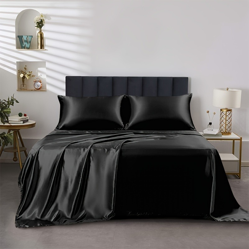 4pcs Satin Bed Sheet Four-Piece Set Includes One Fitted Sheet, One Flat Sheet, And Two Pillowcases. Pillowcases Do Not Include Inserts. Solid Colors Showcase Simple Elegance. The Simple Style Is Classic And Timeless. Polyester Material