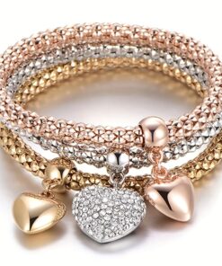 3pcs Golden/Silvery/Rose Golden Corn Chain Bracelet, Tree of Life Heart Elastic Combination Set Bracelet