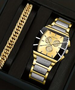 1pc Men's Fashion Steel Belt Casual Quartz Watch & 1pc Alloy Bracelet