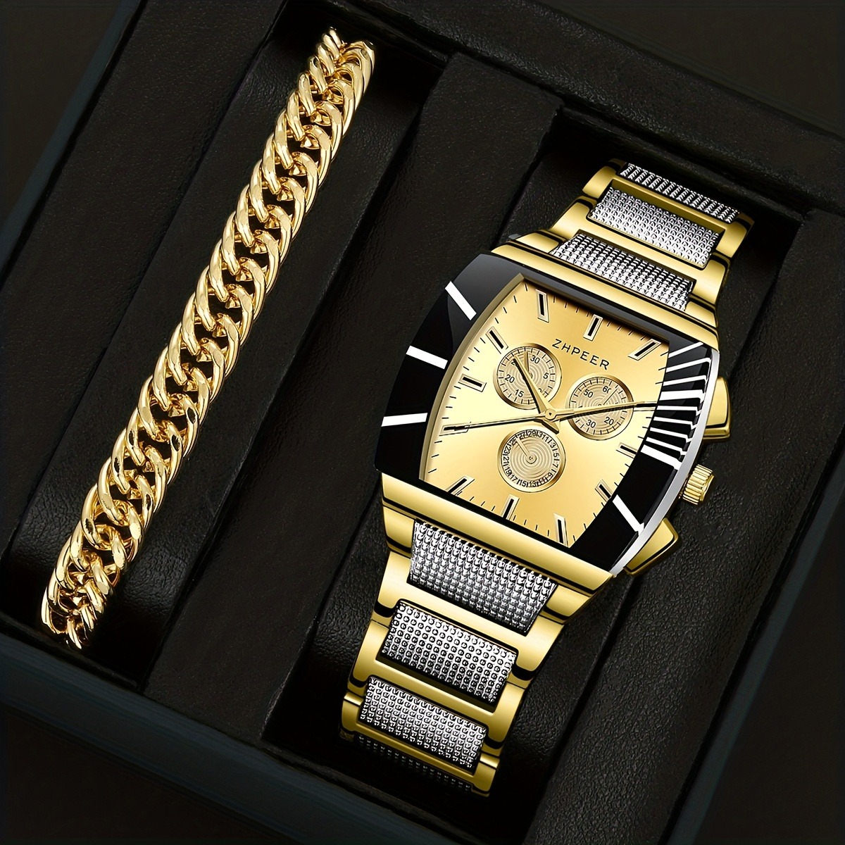 1pc Men's Fashion Steel Belt Casual Quartz Watch & 1pc Alloy Bracelet